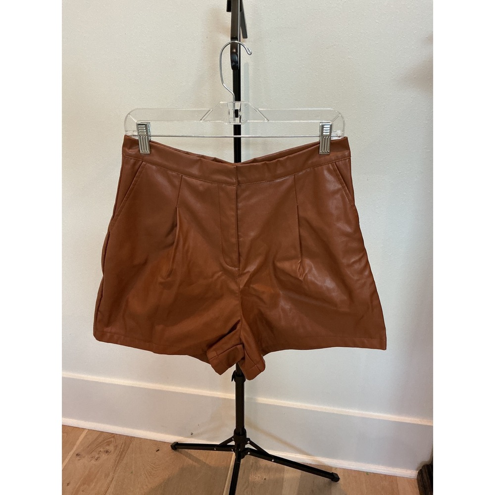 Idem Ditto Cognac Brown Faux Leather High Waisted Pleated Shorts Womens Large